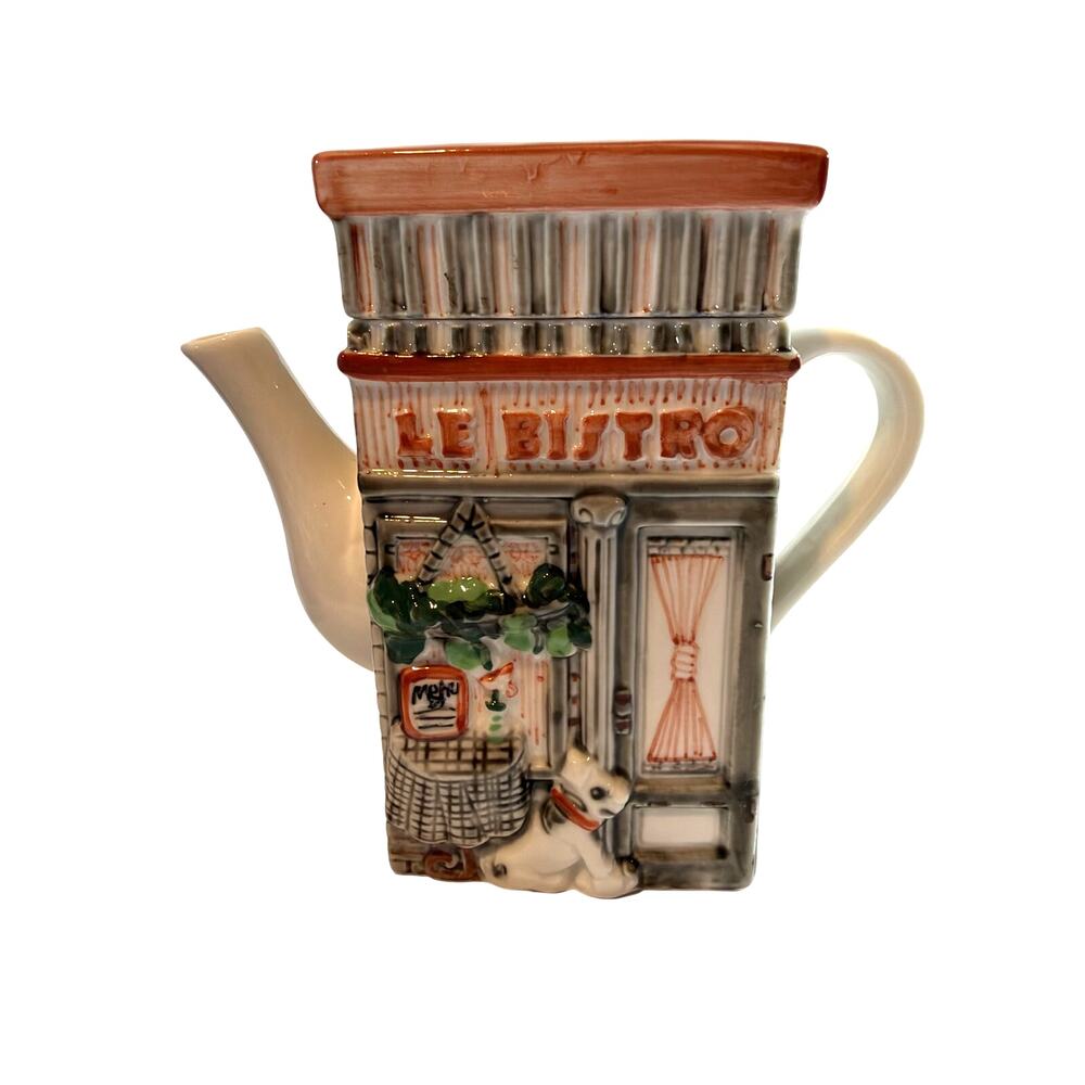 Vintage Le Bistro Teapot Glazed Ceramic Hand Painted Dog Cat Hanging Planter